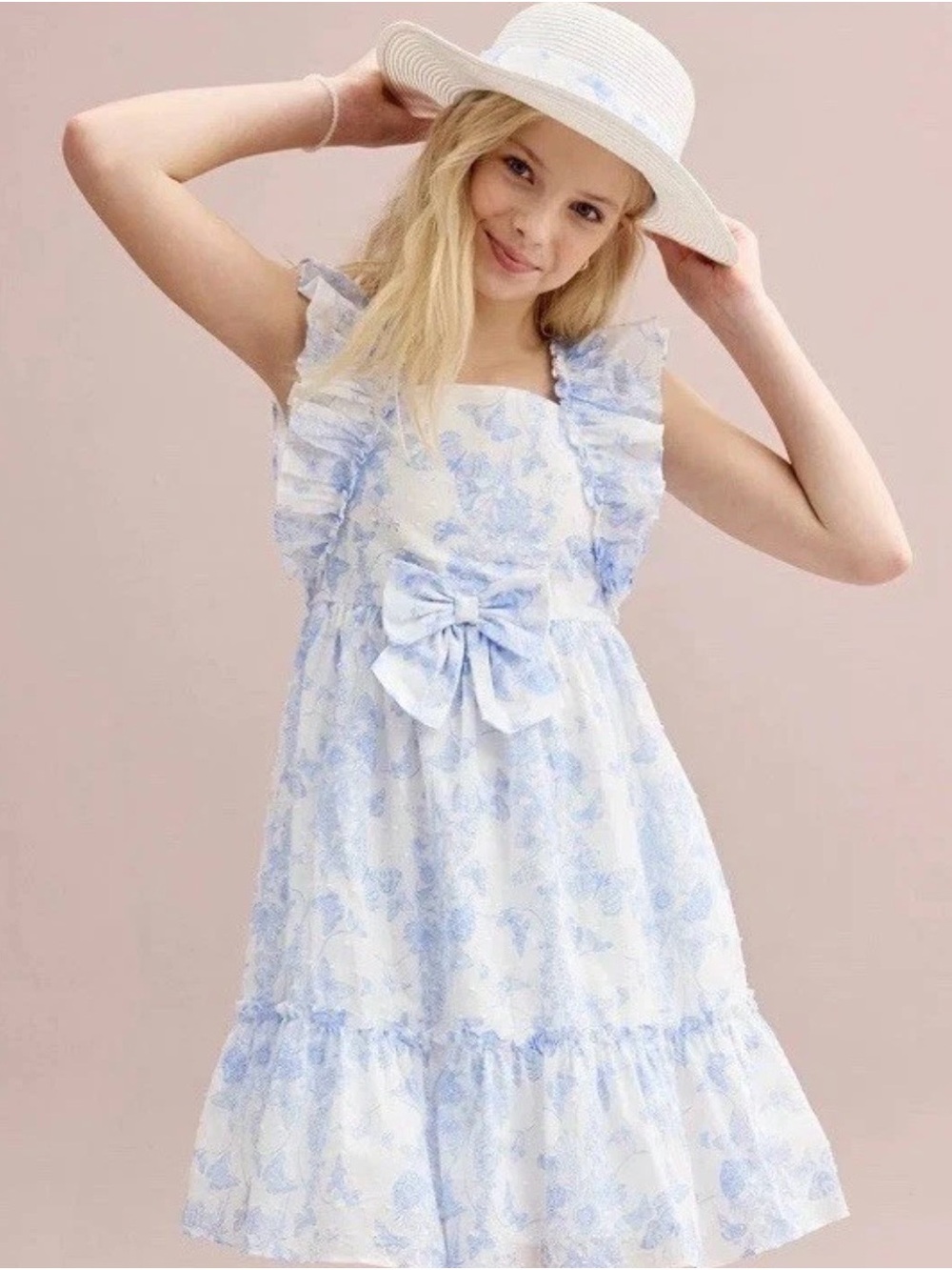 Bonnie Jean Blue and White Floral Ruffle Bow Dress